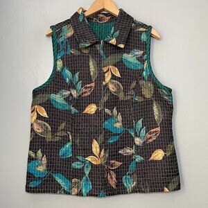 Quilted Women Size XL Teal Black Reversible Quilted Vest Artsy Grandma Fall Leaf